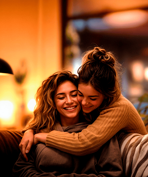 Dos mujeres abrazándose en un salón