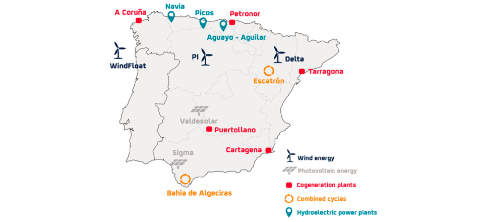 Map of Repsol's electricity generation assets and projects. 