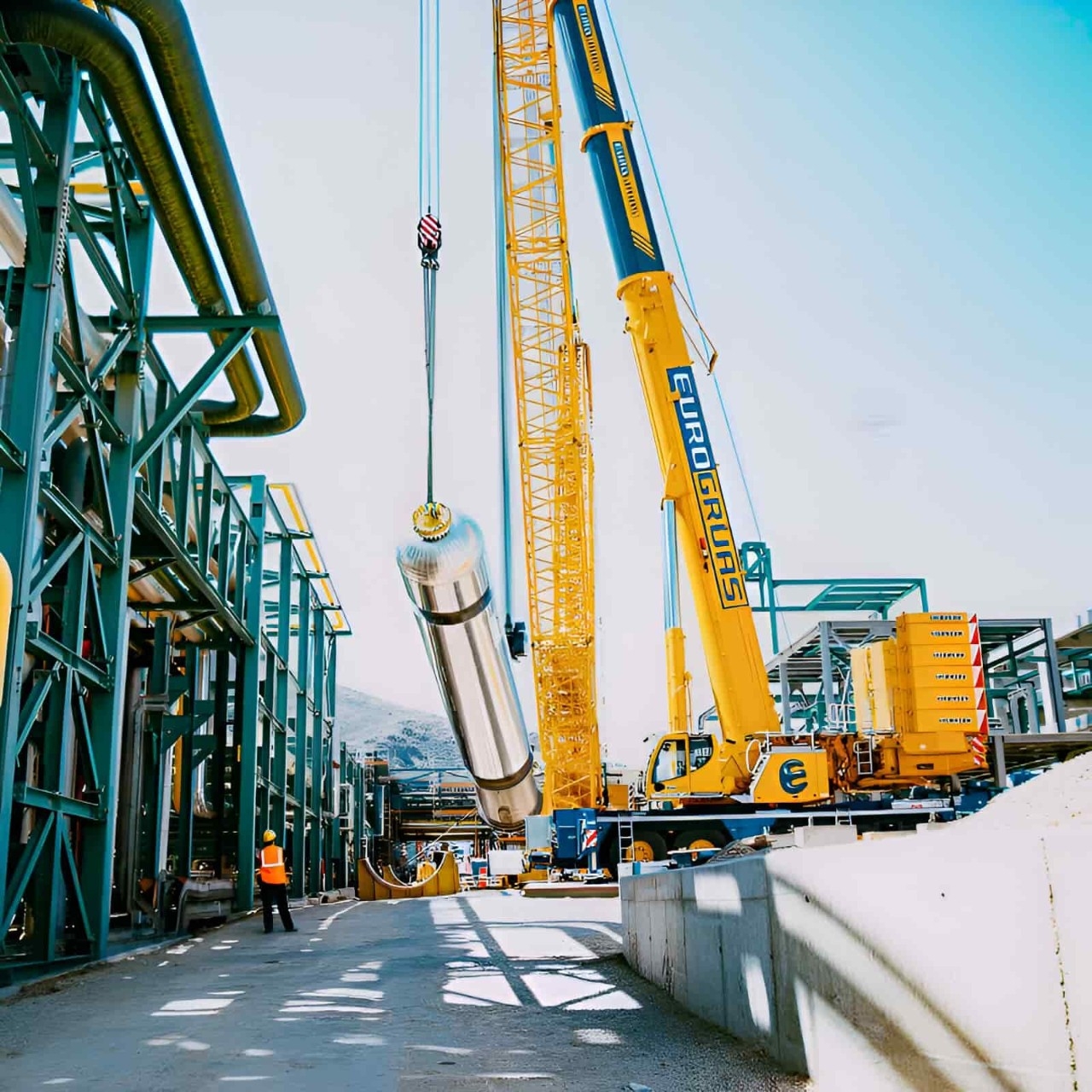 Una grúa durante la construcción de la planta de biocombustibles en Cartagena