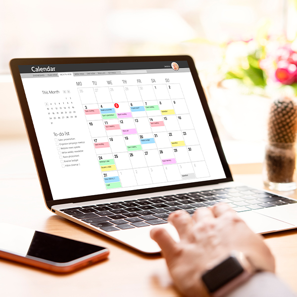 Woman looking at a well-managed calendar on the laptop as a time management concept