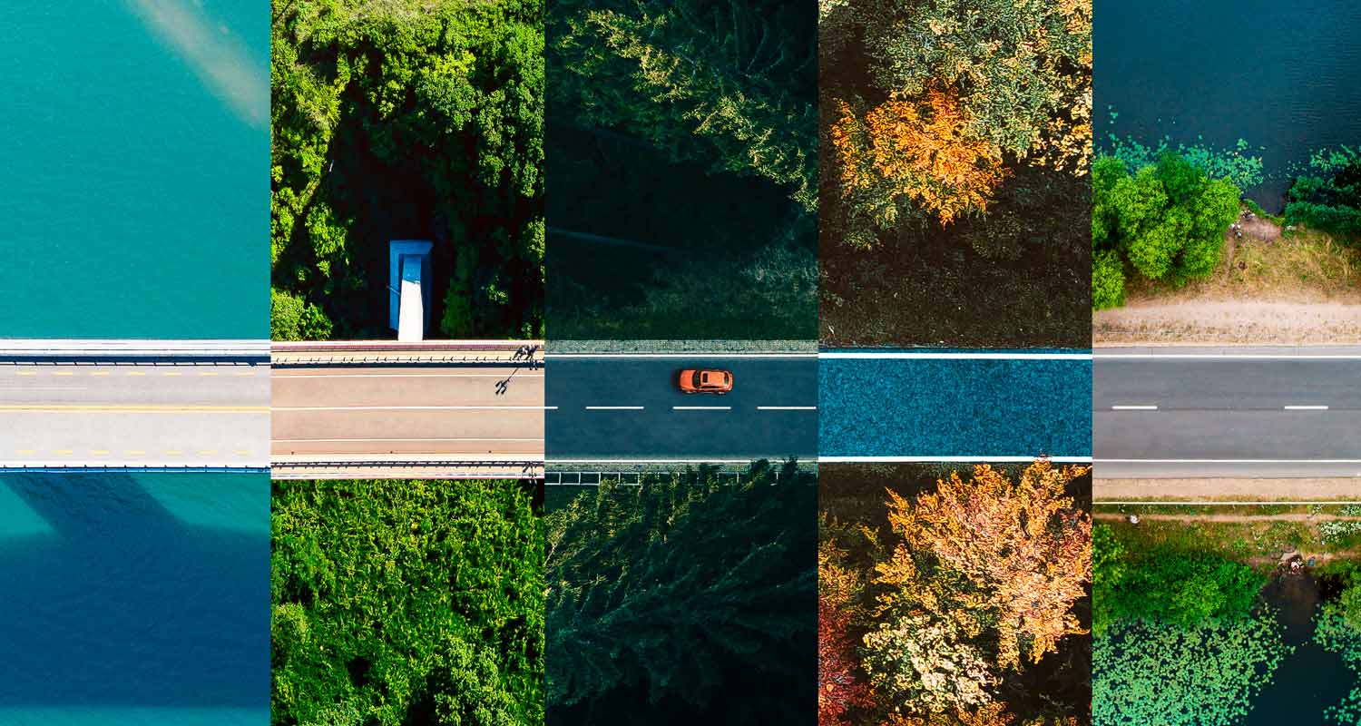 Fotomontaje de un coche circulando por una carretera bajo diferentes paisajes