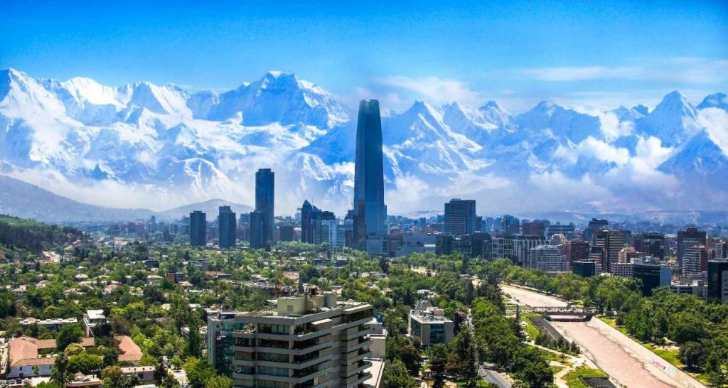 View of skyscrapers and mountains in Chile.