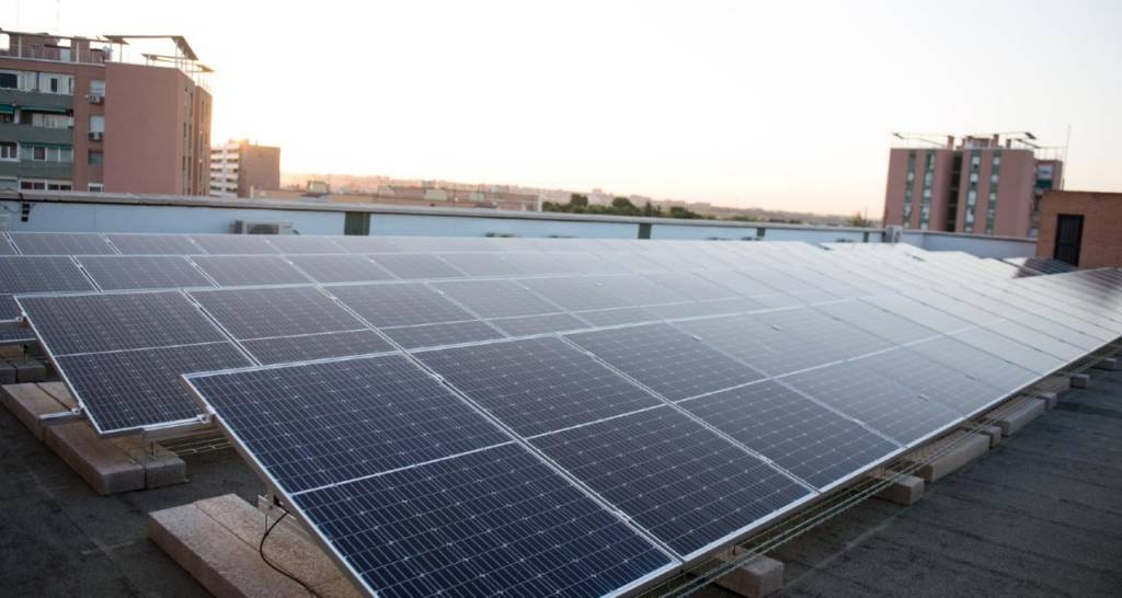 Solar panels on the roof of the San Viator school in Madrid